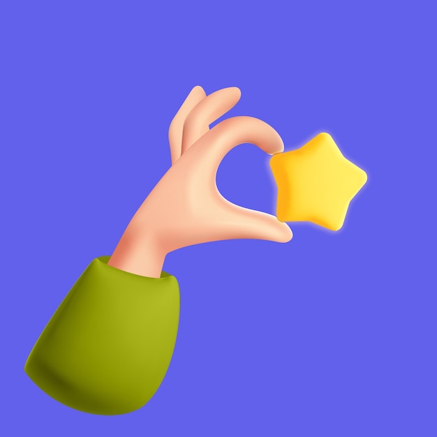 La mano de estilo de dibujos animados vectoriales 3d sostiene estrellas amarillas. Comentarios o calificación, buena revisión, servicio al cliente