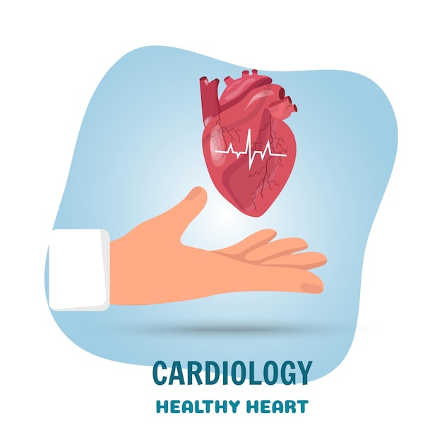 Mano con etiqueta de corazón de cardiología en ilustración vectorial