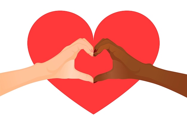 La mano europea y afroamericana hace un signo de corazón en el fondo de un gran corazón rojo Vector