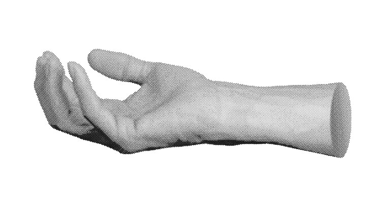 Vector la mano extendiendo la palma sosteniendo algo gesto vector de estilo semitono aislado en blanco