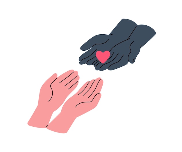 La mano extendiéndose para compartir el amor, dar ayuda y apoyo, el concepto de cuidado y compasión de la empatía, la pareja con un corazón rojo, símbolo de gratitud, ilustración vectorial plana aislada sobre fondo blanco.