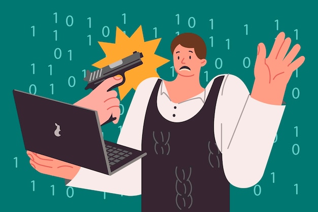 La mano de un extorsionador de Internet con una pistola sobresale de la computadora portátil y amenaza a un hombre asustado