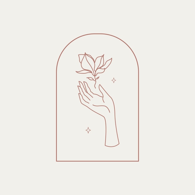 Mano femenina con flor de magnolia plantilla logo vector ilustración en estilo de arte de línea Womens symbo