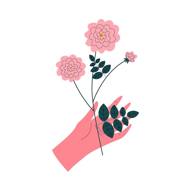 Mano femenina con flores rosadas en flor elegante diseño floral decorativo elemento ilustración vectorial