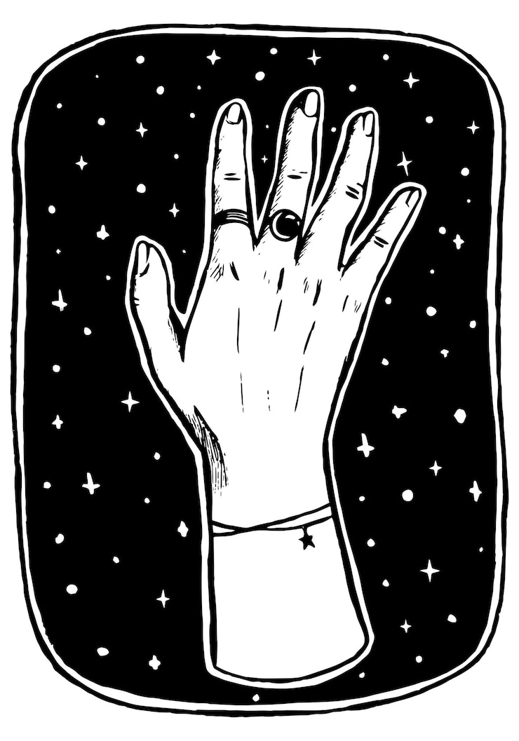 Vector mano femenina hermosa con anillos. fondo del cielo estrellado de la noche. ilustración de vector dibujado a mano. cuadro de estilo vintage aislado en blanco. para impresión de diseño, póster, decoración.