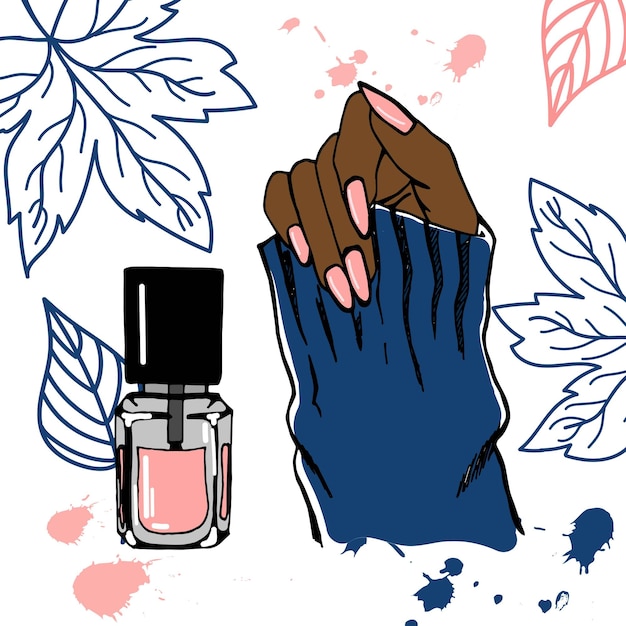 Mano femenina con una hermosa manicura rosa Dibujado a mano Ilustración