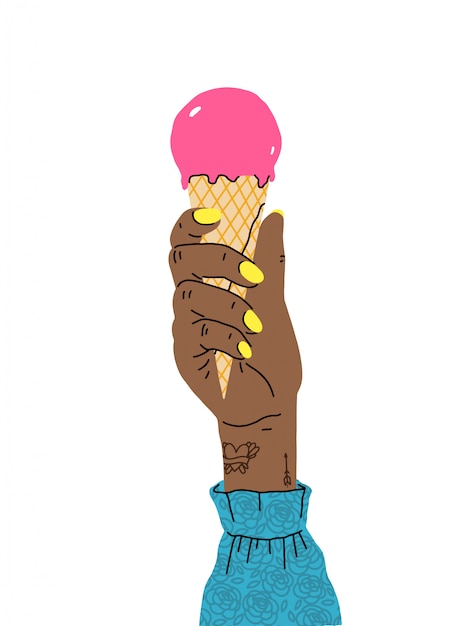 Una mano femenina con una hermosa manicura sostiene un helado. ilustración de moda en estilo de dibujos animados. diseño plano.