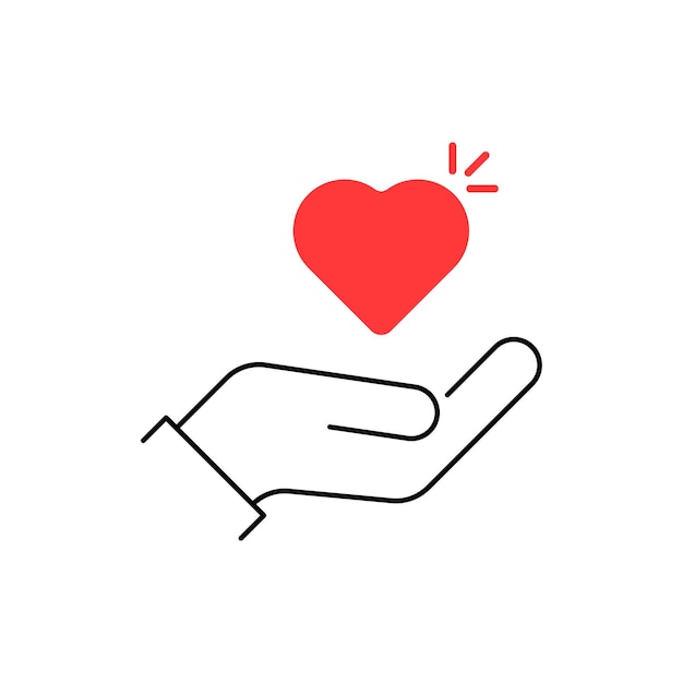 Mano femenina lineal con corazón rojo estilo de línea delgada plana tendencia logotipo moderno boceto gráfico diseño de arte aislado sobre fondo blanco concepto de atención médica humana o familiar y mostrar su amor