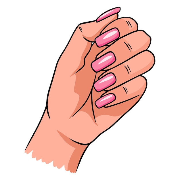 Mano femenina con una manicura completa. Uñas pintadas. Ilustraciones de vectores en estilo de dibujos animados para diseño y decoración.