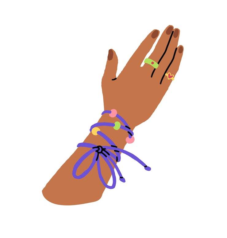 Vector mano femenina negra con joyas de joyería vista superior niña afroamericana con lindos anillos en los dedos mujer con decoración de pulsera en la muñeca ilustración vectorial aislada plana en fondo blanco