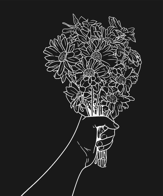 Mano femenina que presenta un ramo de flores en estilo de arte de línea sobre fondo negro