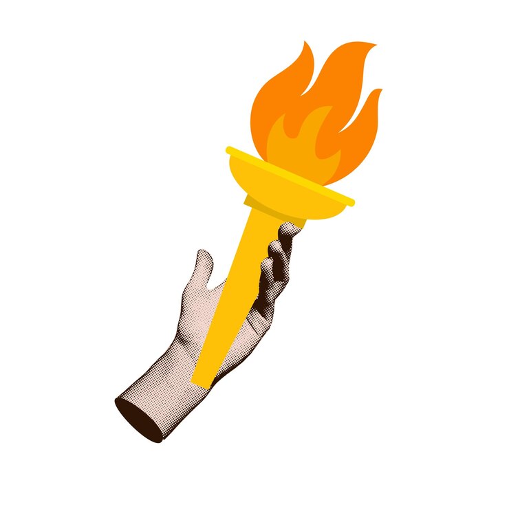 Vector mano femenina sosteniendo una antorcha con fuego collage de medio tono con símbolo de juegos deportivos brazo humano con