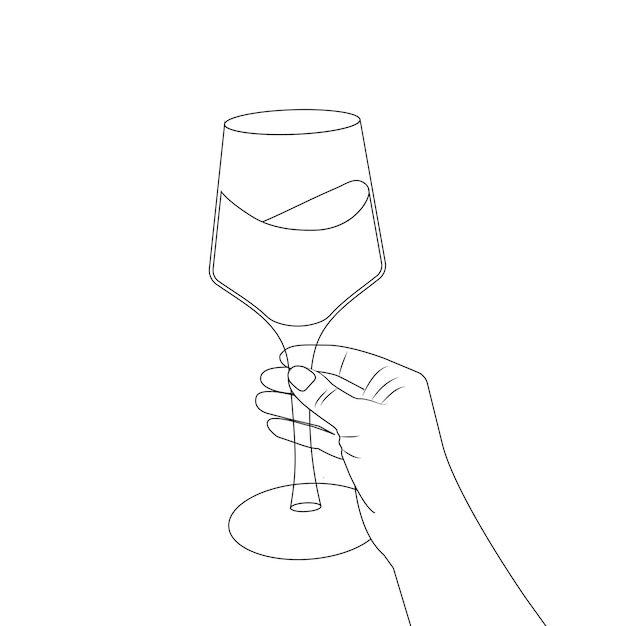 Mano femenina sosteniendo una copa con vino tinto Line art