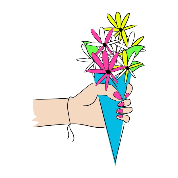Vector mano femenina sosteniendo un ramo de flores. ilustración de acciones vectoriales.