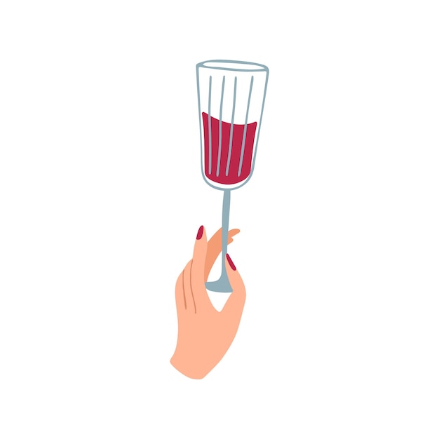 La mano femenina sostiene una copa de vino tinto. Bebida alcohólica en copa de vino. Ilustración de vector de estilo plano.