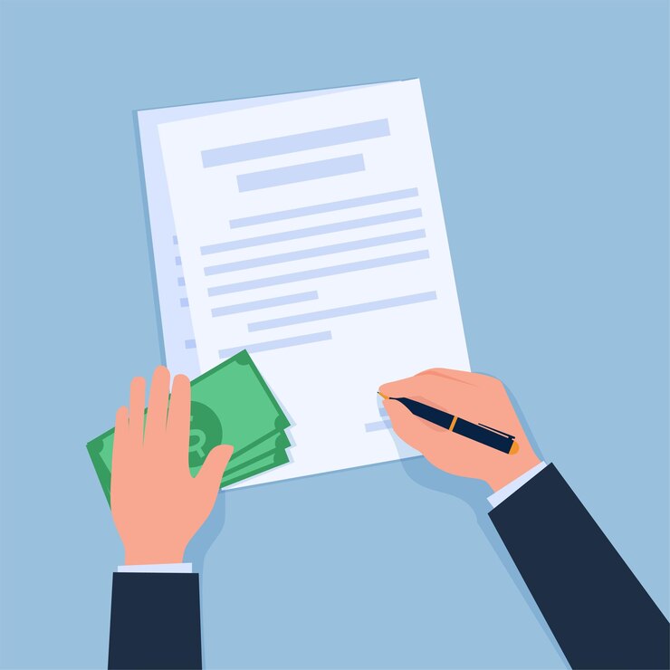 Vector una mano firma un acuerdo mientras la otra sostiene dinero, una metáfora de un acuerdo de soborno.