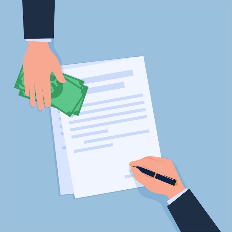 Vector una mano firma un acuerdo mientras la otra sostiene dinero, una metáfora de un acuerdo de soborno.