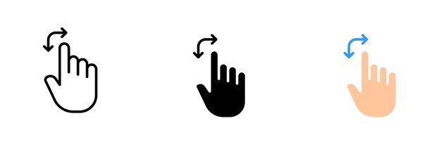 Mano con flecha doble Gestos de control Configuración de la pantalla táctil deslizar toque hacer clic en desplazarse Icono de conjunto de vectores en línea estilos negros y coloridos aislados en fondo blanco
