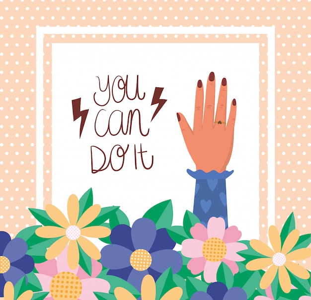 Mano con flores y hojas del vector de empoderamiento de la mujer