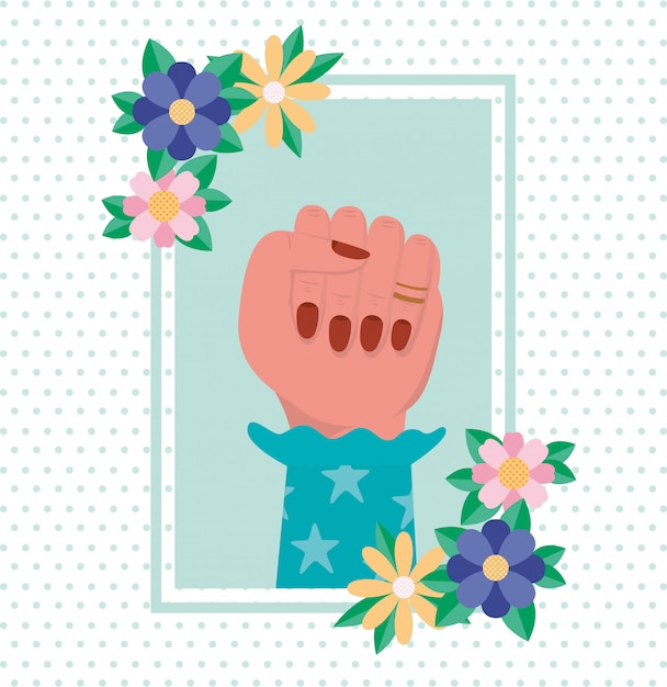 Mano con flores y hojas del vector de empoderamiento de la mujer