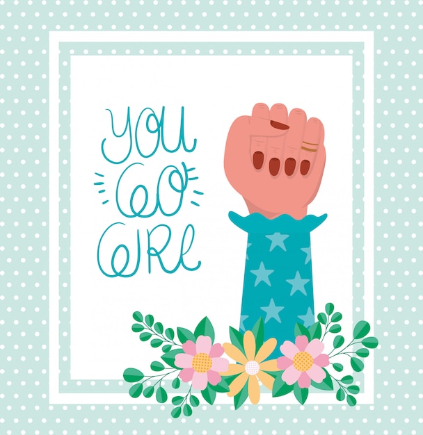 Mano con flores y hojas del vector de empoderamiento de la mujer