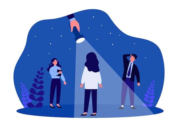 Mano con foco mostrando nuevo empleado al equipo de la empresa. Gerente de recursos humanos que elige la ilustración de vector plano candidato. Reclutamiento, concepto de entrevista de trabajo para banner, diseño de sitio web o página web de destino