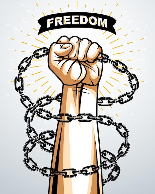 Mano fuerte puño cerrado luchando por la libertad contra la ilustración del tema de la esclavitud en cadena, logotipo vectorial o tatuaje, liberarse, luchar por la libertad.