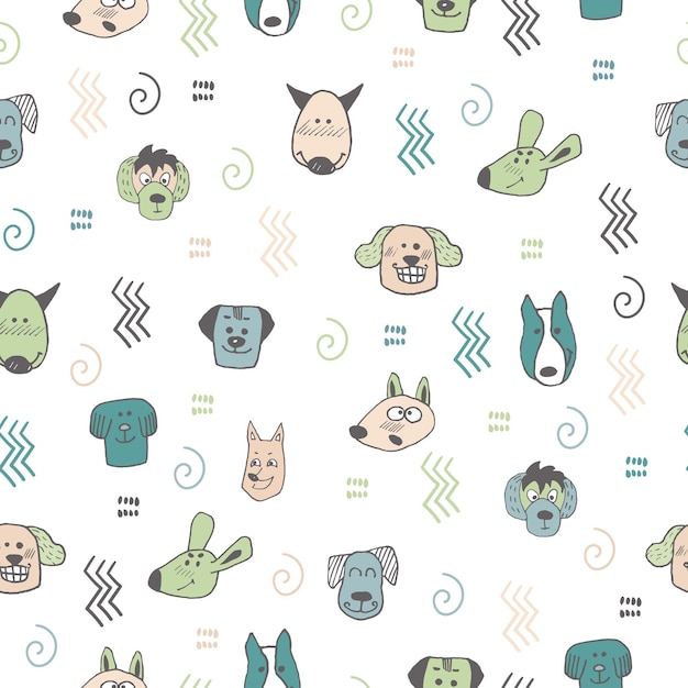 Mano garabato de patrones sin fisuras con cabezas de perros divertidos y elementos abstractos Fondo de papel tapiz de envoltura textil vectorial Ilustración vectorial
