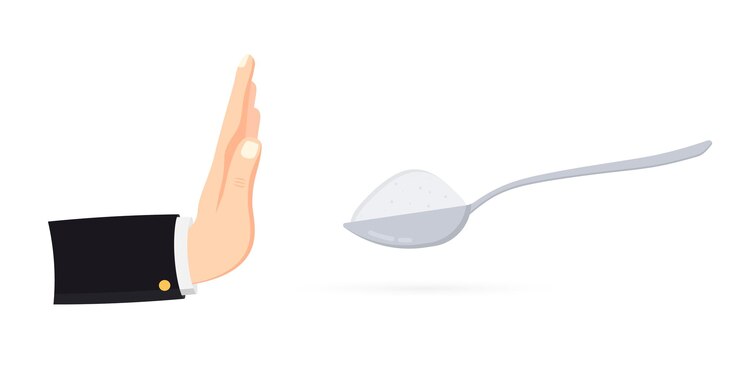 Vector la mano del gesto humano se niega a ser dulce. sin azúcar. sin azúcar, vector de señal. producto nocivo. estilo de vida saludable. prohibición de dulces. cuchara con azúcar