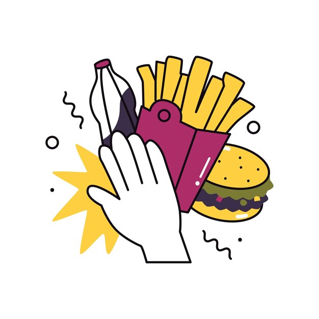 Mano con gesto de rechazo de hamburguesa de soda y papas fritas Iconos de comida rápida o comida saludable Elegir la nutrición correcta Verduras vs hamburguesa y agua azucarada Estilo plano en ilustración vectorial