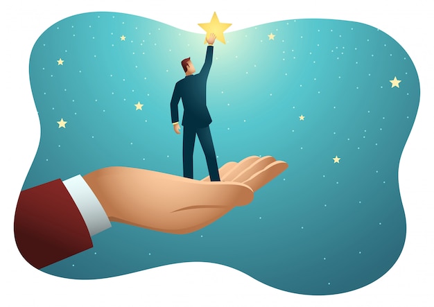 Mano gigante ayudando a un empresario a alcanzar las estrellas