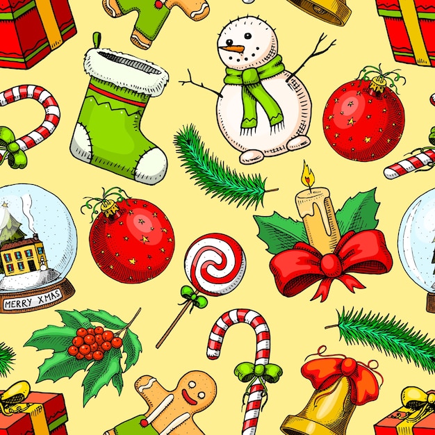 Mano grabada dibujada en boceto antiguo y estilo vintage para la etiqueta Feliz Navidad Navidad Año Nuevo Colección decoración de vacaciones de invierno patrón sin costuras muñeco de nieve y regalo de campana y bola de nieve de piruleta