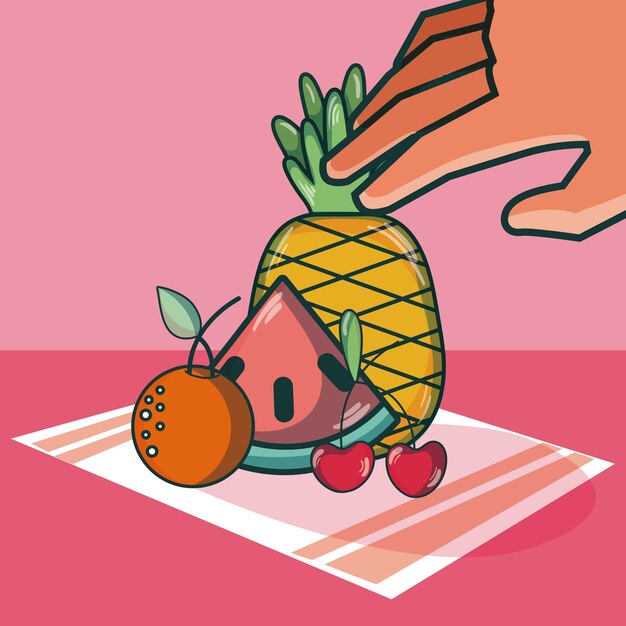 Mano grabbing frutas en mantel vector ilustración diseño gráfico