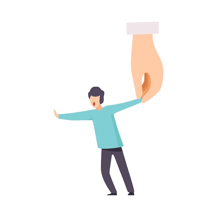 Vector mano grande sosteniendo hombre pequeño control manipulación de personas concepto ilustración vectorial en fondo blanco