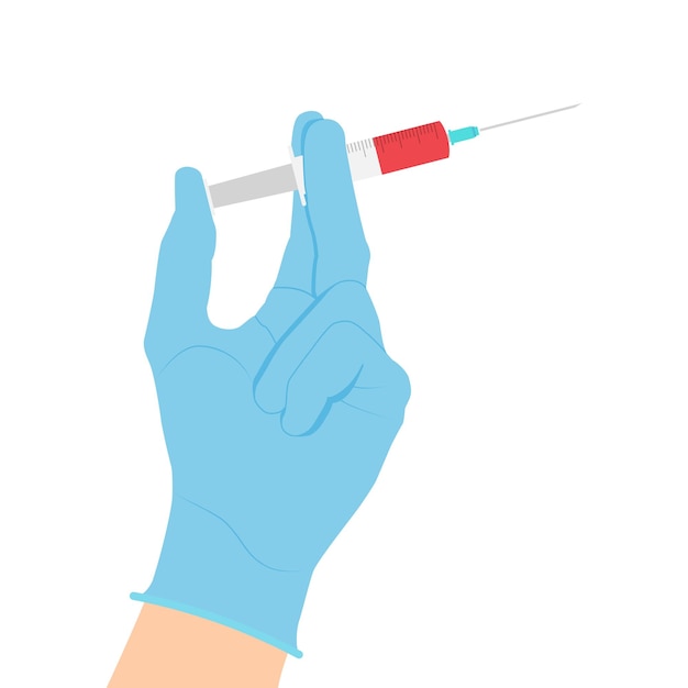 Mano en guante médico sostiene una jeringa con ilustración de vacuna