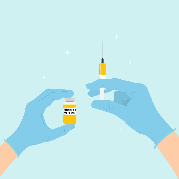 Mano en guante médico sostiene una jeringa con ilustración de vacuna