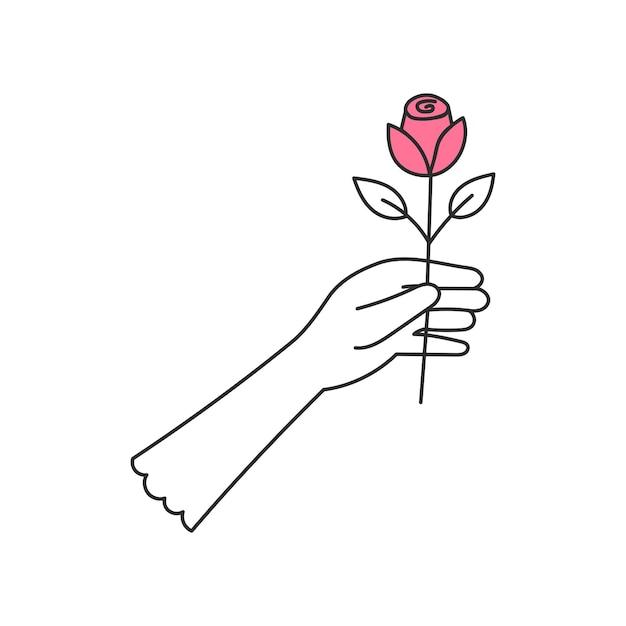 La mano en el guante sosteniendo la flor de la rosa Doodle vintage elegante ilustración vectorial de contorno