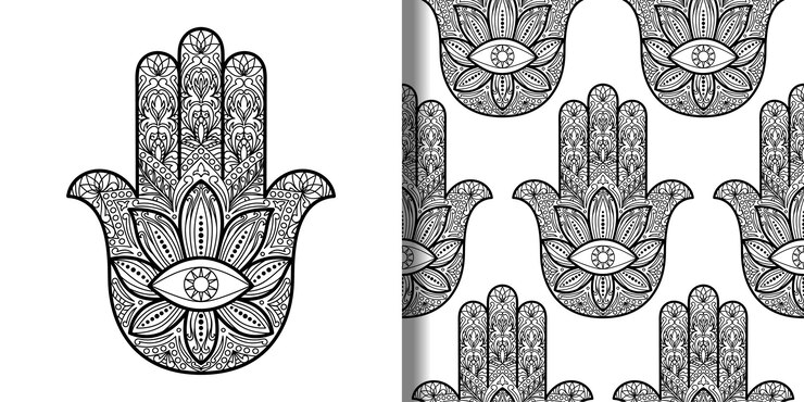 Vector mano de hamsa de fátima estampado y conjunto de patrones sin fisuras