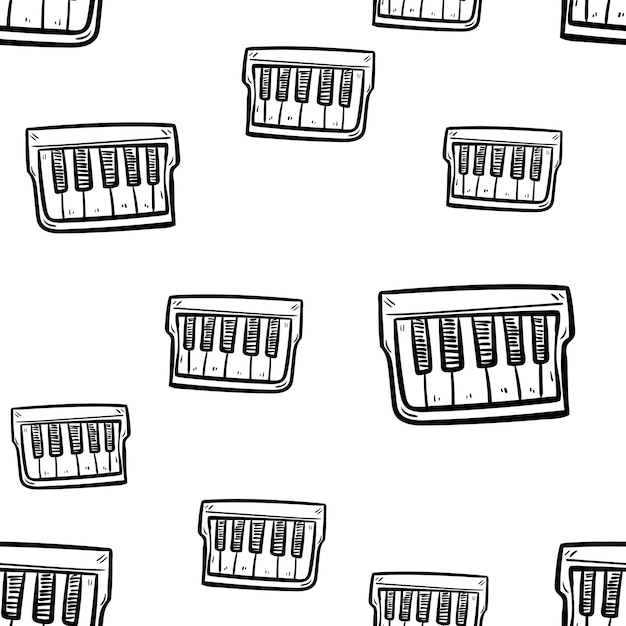 Mano hermosa dibujada icono de piano de moda de patrones sin fisuras. Boceto negro dibujado a mano. Signo / símbolo / garabato. Aislado sobre fondo blanco. Diseño plano. Ilustración vectorial.