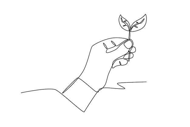 Mano con una hoja concepto del Día Mundial del Medio Ambiente dibujo en línea