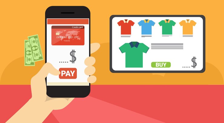 Vector mano hold cell aplicación de teléfono inteligente en línea compras banner flat vector illustration