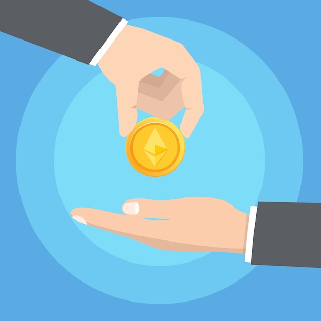 Mano del hombre dada otra mano Ethereum Cryptocurrency moneda de oro. Concepto de tecnología blockchain. Ilustración vectorial