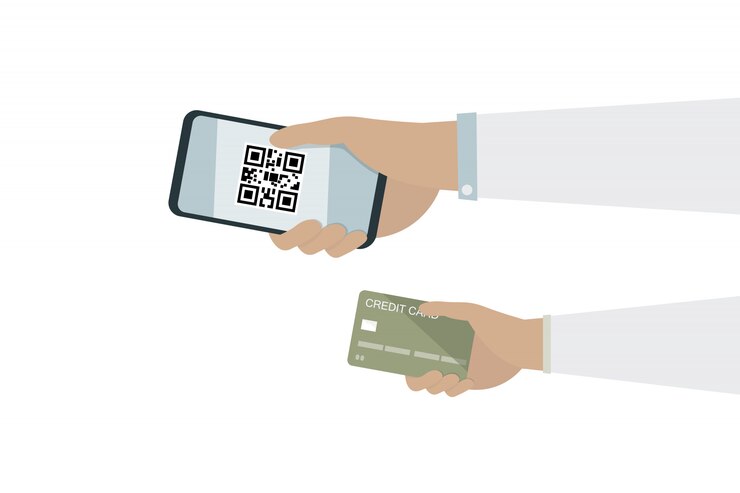 Vector mano de hombre con móvil y código qr y mano con tarjeta de crédito para pagar