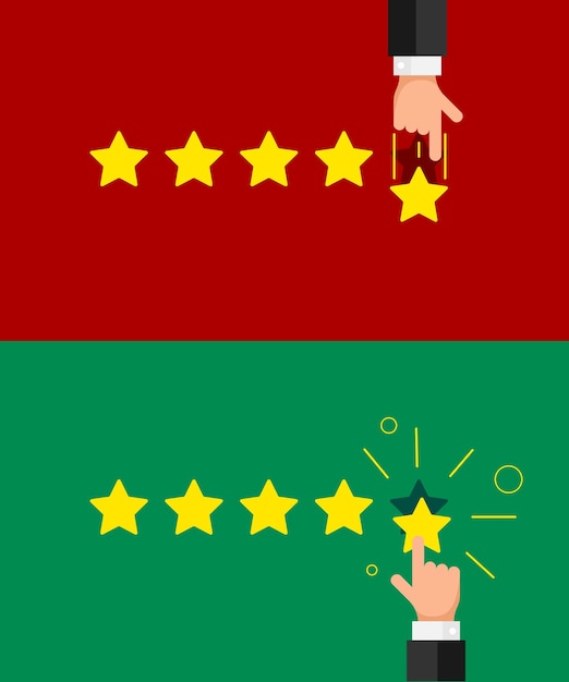 Mano de hombre de negocios dando una calificación de cinco estrellas buena retroalimentación positiva y negativa. Reputación, calidad, concepto de estilo plano de revisión del cliente. Ilustración de vector EPS10