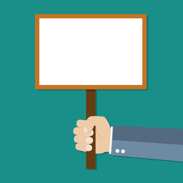 Mano de hombre de negocios de dibujos animados sosteniendo placa de letrero vacía con espacio para ilustración de vector de texto en diseño plano sobre fondo verde