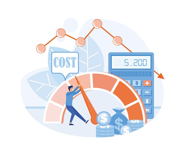 Mano de hombre de negocios gire el dial de costos a una posición baja concepto de gestión de reducción de costos