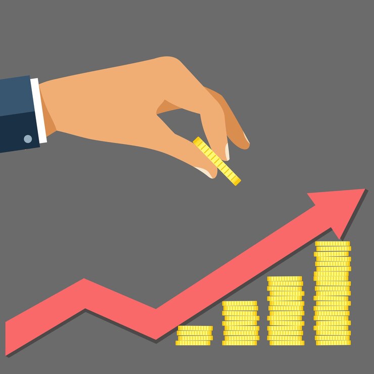Vector mano de hombre de negocios sostenga monedas de oro y acciones de crecimiento con monedas con flecha roja sobre fondo gris ilustración vectorial en concepto de inversión de diseño plano y ganancias