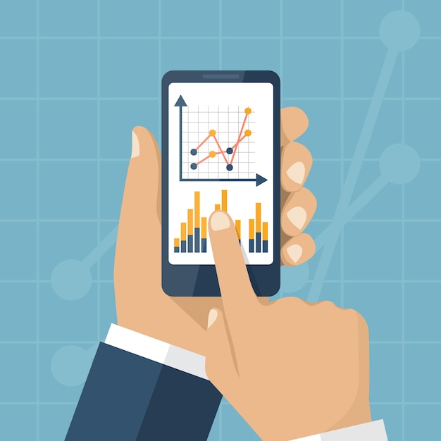 Vector mano de hombre de negocios sosteniendo el teléfono inteligente con gráfico y gráfico análisis de datos concepto de estadísticas comerciales