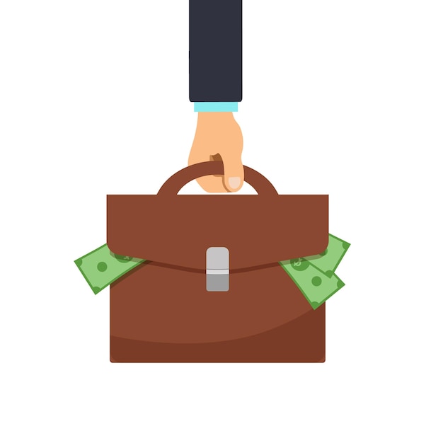 Mano de hombre de negocios sostiene maletín para dinero Ilustración vectorial de bolsa de dinero signo de dólares aislado