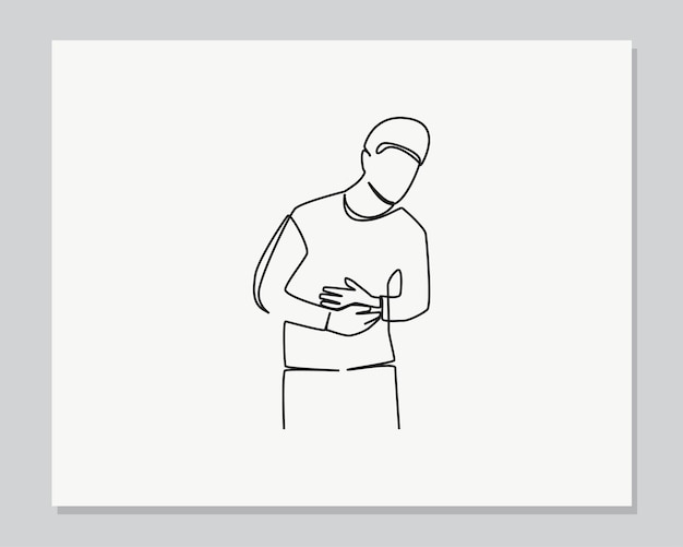 Mano del hombre sobre el estómago porque las náuseas continúan en una ilustración de línea